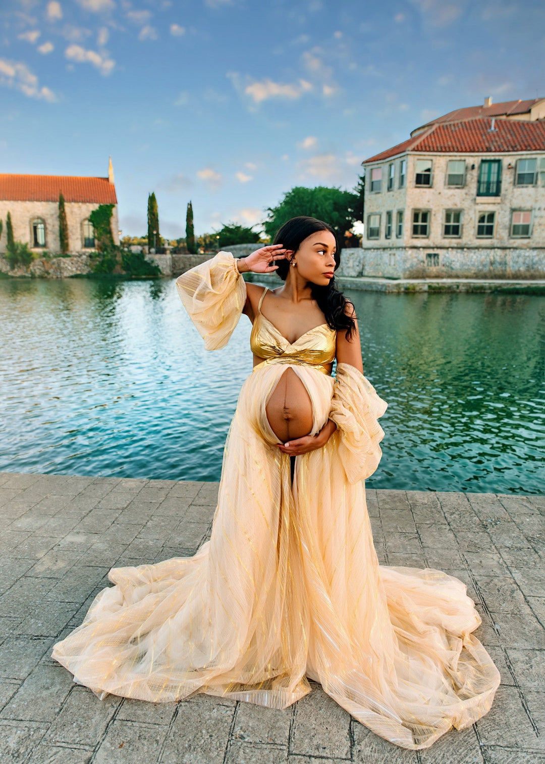 gold maternity dresses Golden Hour Gown _okendo:syndication_key:CL136972002 Every Demilamarie piece is COLOR:SANGRIA Lace Drop Waist Corset