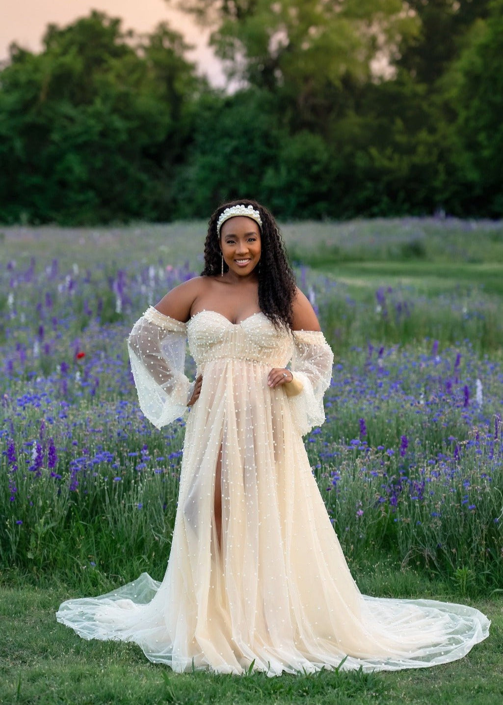 sheer pearl maternity dress Elena | Elegant Pearl Beaded Maternity Dress: Open Back Photo Shoot Gown