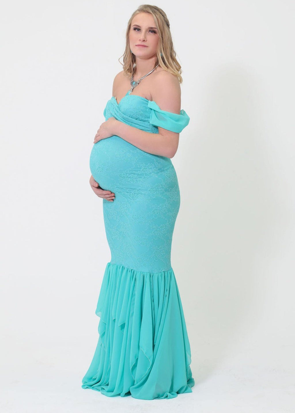 blue mermaid maternity dress Afina Dark Blue Satin Maxi Dress With Long Sleeves main image 1